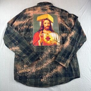 Angry Minnow Flannel Mens S Cheesus Jesus Cheesehead Bleached Plaid Long Sleeve